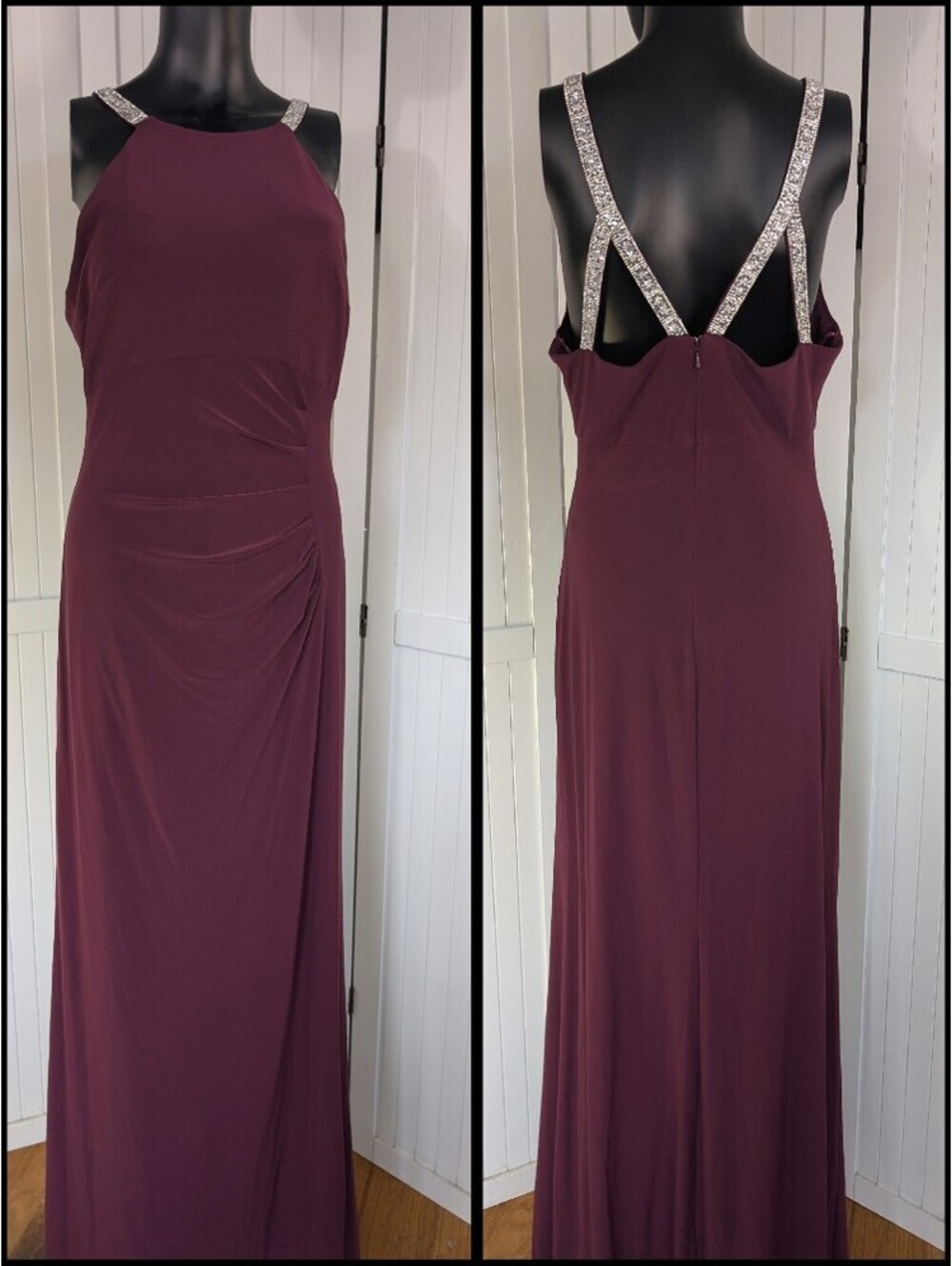 Betsy Adam Gown 12 Burgundy Rhinestone Strap Formal Maxi Dress NWT A22714